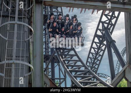 The Swarm and Saw the Ride (dal film) al Thorpe Park Theme Park, parco divertimenti, Londra, Inghilterra Foto Stock