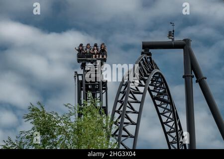 The Swarm and Saw the Ride (dal film) al Thorpe Park Theme Park, parco divertimenti, Londra, Inghilterra Foto Stock