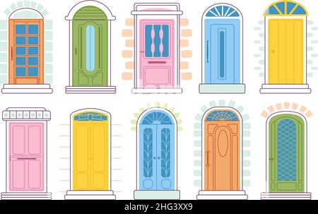 Porte anteriori cartoni animati. Porta con facciata retro, facciata esterna degli edifici. Vintage diverso elegante ingresso in case. Arredato ingresso in appartamento decente Illustrazione Vettoriale