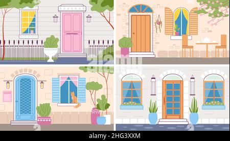 Ingresso della casa. Illustrazione della facciata, porte e finestre nelle pareti in mattoni della casa. La città e le case di campagna esterni, strada carina. Edifici, architettura Illustrazione Vettoriale