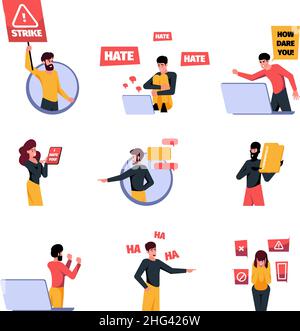 Bullismo sociale. Cyberbrut problemi di cultura bully adolescenti vergogna ragazzo boicotts metafora immagini donna harrasment aggregante conversazione garish Illustrazione Vettoriale