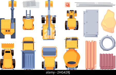 Vista dall'alto delle auto pesanti. Carrelli di scavo gialli per costruttori veicoli di trattori bulldozer per edilizia diggers garish vettore immagini set Illustrazione Vettoriale