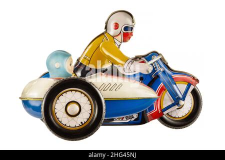 Moto d'epoca con giocattolo in metallo sidecar isolato su sfondo bianco Foto Stock