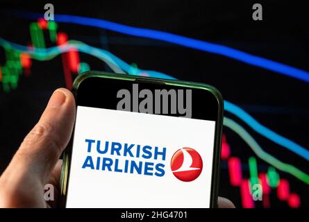 In questa foto è illustrato il logo della compagnia aerea turca di bandiera nazionale turca Turkish Airlines visualizzato su uno smartphone con un grafico dell'indice delle borse economiche sullo sfondo. Foto Stock