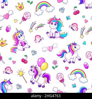 Simpatico modello unicorno senza cuciture. Unicorns stampa, divertente dolce sogni carta da parati. Arcobaleno e dolci, giocattoli fata infantile garish struttura vettoriale Illustrazione Vettoriale