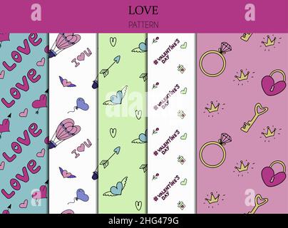 Doodle Set di motivi senza giunture per San Valentino. Illustrazione colorata vettoriale per la festa del 14 febbraio. Set disegno a mano per romanticismo, matrimonio Illustrazione Vettoriale