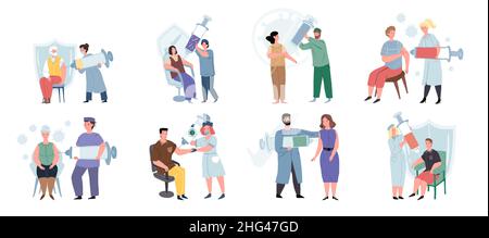 Set di personaggi dei dottori e dei pazienti cartoni animati piatti, vaccinazione e concetto di illustrazione vettoriale per la prevenzione del coronavirus Illustrazione Vettoriale