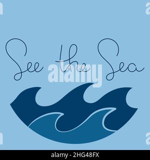 Semplici onde minimaliste e frase scritta disegnata a mano acqua lago fiume logo illustrazione vettoriale, design isolato su sfondo blu Illustrazione Vettoriale