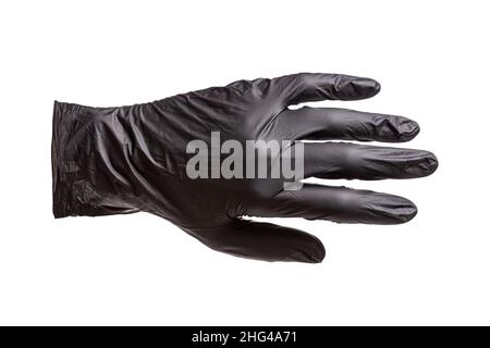 Guanto in gomma nera indossato sulla mano, lato esterno della mano, isolato su sfondo bianco, primo piano Foto Stock