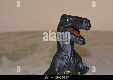 Testa del Dinosauro, giocattolo di plastica, rettile estinto, giocattolo per bambini, Brasile, Sud America, sfondo sfocato, spazio di copia Foto Stock