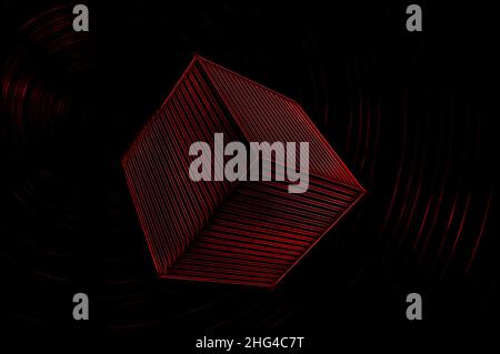 Cubo rosso brillante 3D con strisce su sfondo nero con anelli rossi appena visibili Foto Stock
