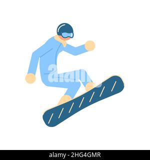 Snowboarder esecuzione di un trick salto isolato su sfondo bianco. Illustrazione del vettore Flat Art Illustrazione Vettoriale