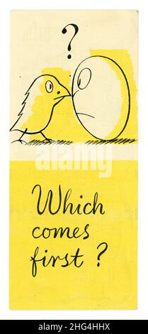 Retro del retro '50 governo Board of Trade Export opuscolo informativo prodotto per incoraggiare le esportazioni per stimolare la crescita economica nel Regno Unito copertina è intitolato 'riempire le navi e noi riempire i negozi' qui il pollo e l'uovo, 'che viene prima?' la domanda si riferisce alle importazioni e alle esportazioni. Datato 1951. Foto Stock