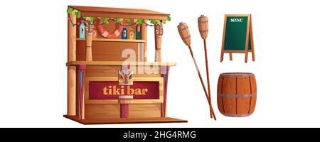 Set di cartoni animati di elementi hawaiani estivi con totem delle hawaii, caffe' in legno sulla spiaggia e bevande per feste sull'oceano. Tiki bar con maschere tribali, torcia, barile e menu a tavola isolato su sfondo bianco. Illustrazione Vettoriale