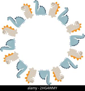 Corona circolare Vector con dinosauri e dino scritto a mano con posto per il tuo testo su sfondo bianco. Biglietto d'auguri, design poster Illustrazione Vettoriale