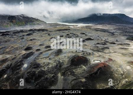 Vista all'interno della caldera Okmok a Umnak, Isole Aleutiche, Alaska Foto Stock