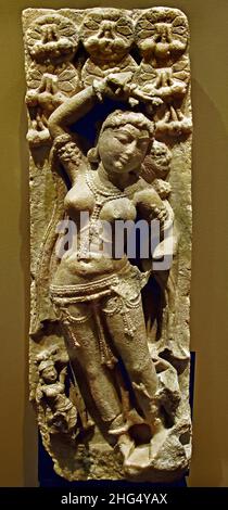 SHALABHANJIKA giovane donna o Yakshini rompere un ramo di albero di shala.11th secolo ad 89 cm marmo bianco dell'India nord-occidentale (regione del Monte Abu) (figura rappresentata in alto rilievo sulla stele, probabilmente posta sulla superficie della parete di un tempio, mostra il movimento caratteristico del corpo chiamato tribhanga.) Foto Stock