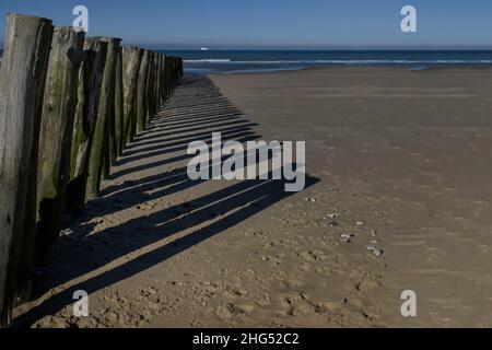 Plage de Sangatte et Wissant, pieux de bois sur la plage, traghetto pour l'Angleterre. Foto Stock