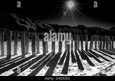 Plage de Sangatte et Wissant, pieux de bois sur la plage, traghetto pour l'Angleterre. Foto Stock