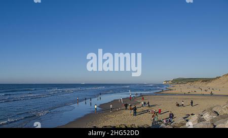 Plage de Sangatte et Wissant, pieux de bois sur la plage, traghetto pour l'Angleterre. Foto Stock