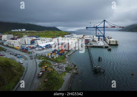 Veduta aerea del Porto Olandese a Unalaska, Isole Aleutiche Foto Stock