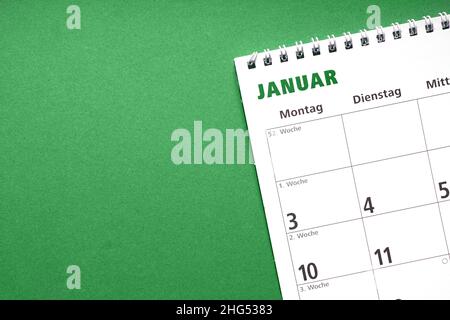calendario tedesco del mese di gennaio su sfondo verde Foto Stock