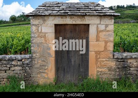 Chassagne-Montrachet, Francia - 29 giugno 2020: Vigneto Domaine Thenard con cancello e muro in Borgogna, Francia. Foto Stock