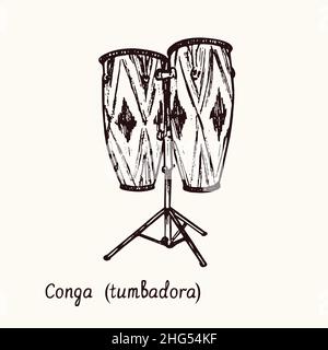 Conga (tumbadora). Inchiostro bianco e nero doble disegno in legno taglio con iscrizione. Foto Stock