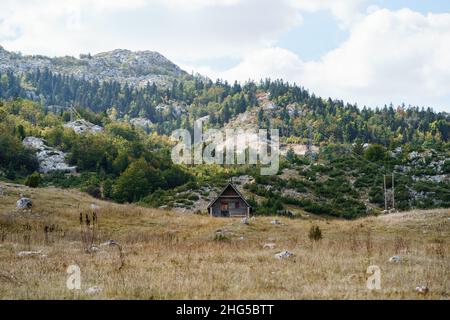 Casa in legno solitario alta in montagna. Montenegro, nord Foto Stock