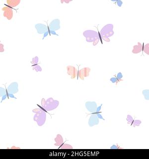Fantasia farfalle color pastello modello senza giunture, illustrazione vettoriale semplice stile piatto, simbolo di primavera, festa di Pasqua decorazione, clipart per carte, banner, primavera decorazione Illustrazione Vettoriale