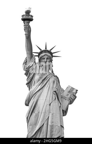 Statua della libertà a New York isolato su sfondo bianco, vista frontale foto in bianco e nero Foto Stock