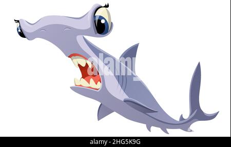 Squalo da martello cartoon su sfondo bianco per animazione, illustrazione e stampa di souvenir. Illustrazione vettoriale. Illustrazione Vettoriale