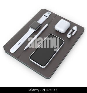 Tablet per computer con stilo, smartwatch, telefono e cuffie su sfondo bianco Foto Stock