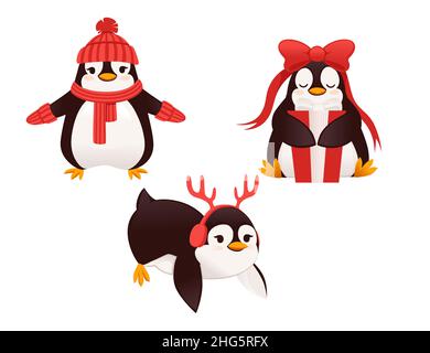 Set di pinguini carino vestito con abiti caldi inverno e costruire neve uomo cartone animato animale disegno piatto vettore illustrazione Illustrazione Vettoriale