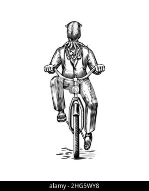 L'uomo calamaro in un vestito corre in bicicletta. Polpo o Molluska. Moda animale carattere. Disegno a mano del contorno del legno. Illustrazione con incisione vettoriale Illustrazione Vettoriale