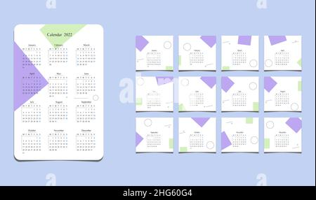 Bel calendario grafico per il 2022. La settimana inizia il lunedì. Set da 12 mesi. Foto Stock