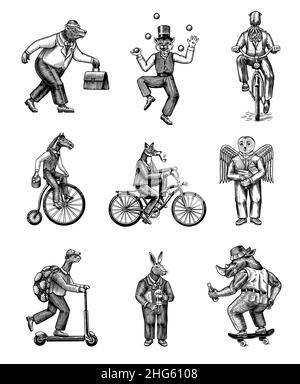 Volpe in bicicletta, giocoliere Cat, tartaruga su uno scooter. Orso, cavallo, lepre, gufo, calamaro. Set di personaggi di Fashion Animal. Schizzo disegnato a mano. Incisione vettoriale Illustrazione Vettoriale