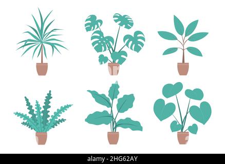 Set di piante verdi in pentole. Decorazione della casa e dell'ufficio. Illustrazione piatta isolata vettoriale su sfondo bianco Illustrazione Vettoriale