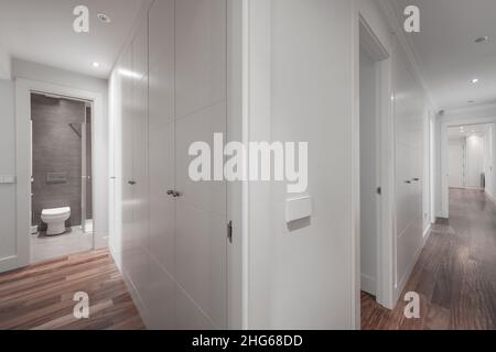 Lungo corridoio con pareti rivestite con armadio, guardaroba ad angolo con porta aperta e incasso bianco con pavimento in legno scuro Foto Stock