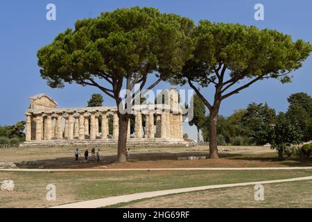 Paestum era una grande città greca antica sulla costa del Mar Tirreno. Le rovine di Paestum sono famose per i loro tre templi greci. Foto Stock