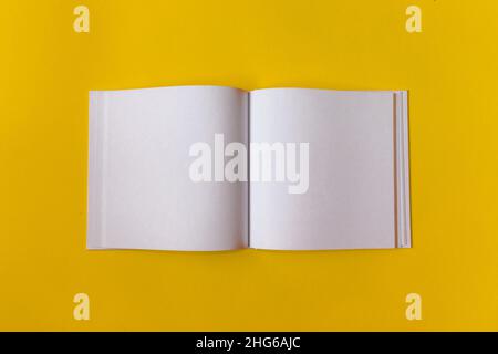 Blocco note per le note con spazio vuoto per il testo. Sfondo giallo. Foto Stock