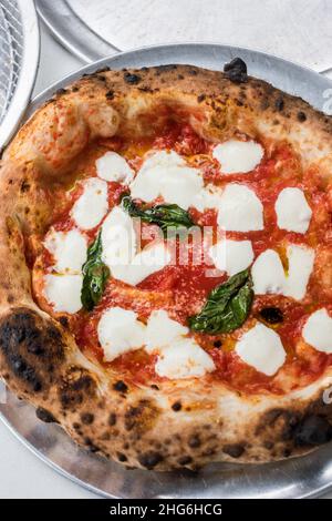 Pizza Margherita con mozzarella fresca e basilico sul vassoio Foto Stock