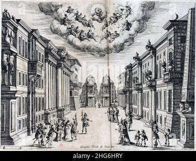 Set design per 'la finta pazza' di Sacrati (Parigi, 1645) da 'cene e machine preparate alle nozze di Teti Balletto reale' – INHA NUM 4 RES 1152 vue 43 Act II 8 – III 4. Foto Stock