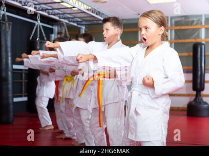 I bambini si posano insieme, praticando il karate si muove Foto Stock