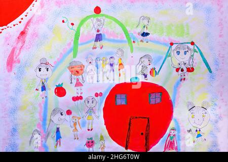 Disegno a mano figlio su carta, acquisito con la fotocamera digitale e trasformarlo in immagine JPEG Foto Stock