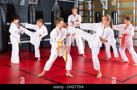 Ragazzi che lavorano in coppia, padroneggiare i calci in classe karate Foto Stock