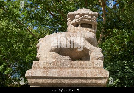 A-gyo Komainu leone-dog con la bocca aperta, sorvegliando l'ingresso del santuario Yasukuni. Tokyo. Giappone Foto Stock