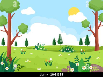 Primavera tempo Paesaggio sfondo con Fiori Stagione, Arcobaleno e pianta per Promozioni, Riviste, Pubblicità o Siti web. Illustrazione di Nature Vector Illustrazione Vettoriale