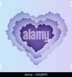 San Valentino taglio 3D sfondo con viola blu gradiente nuvoloso paesaggio papercut art. Notte cielo nuvole cuore cornice in carta taglio stile. Taglio vettoriale Illustrazione Vettoriale