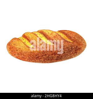 Illustrazione del pane acquerello. Dolci biologici freschi ogni giorno, pane, baguette. Disegno vintage isolato per menu, scheda, poster, banner. Foto Stock